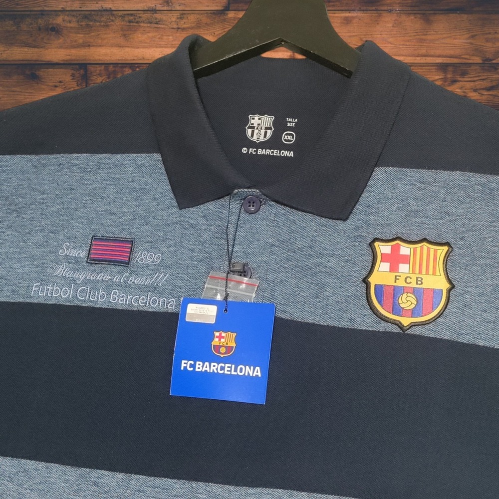 FC Barcelona FCB No.1 Polo Shirt Mens XXL Navy Striped Short Sleeve Soccer NWT